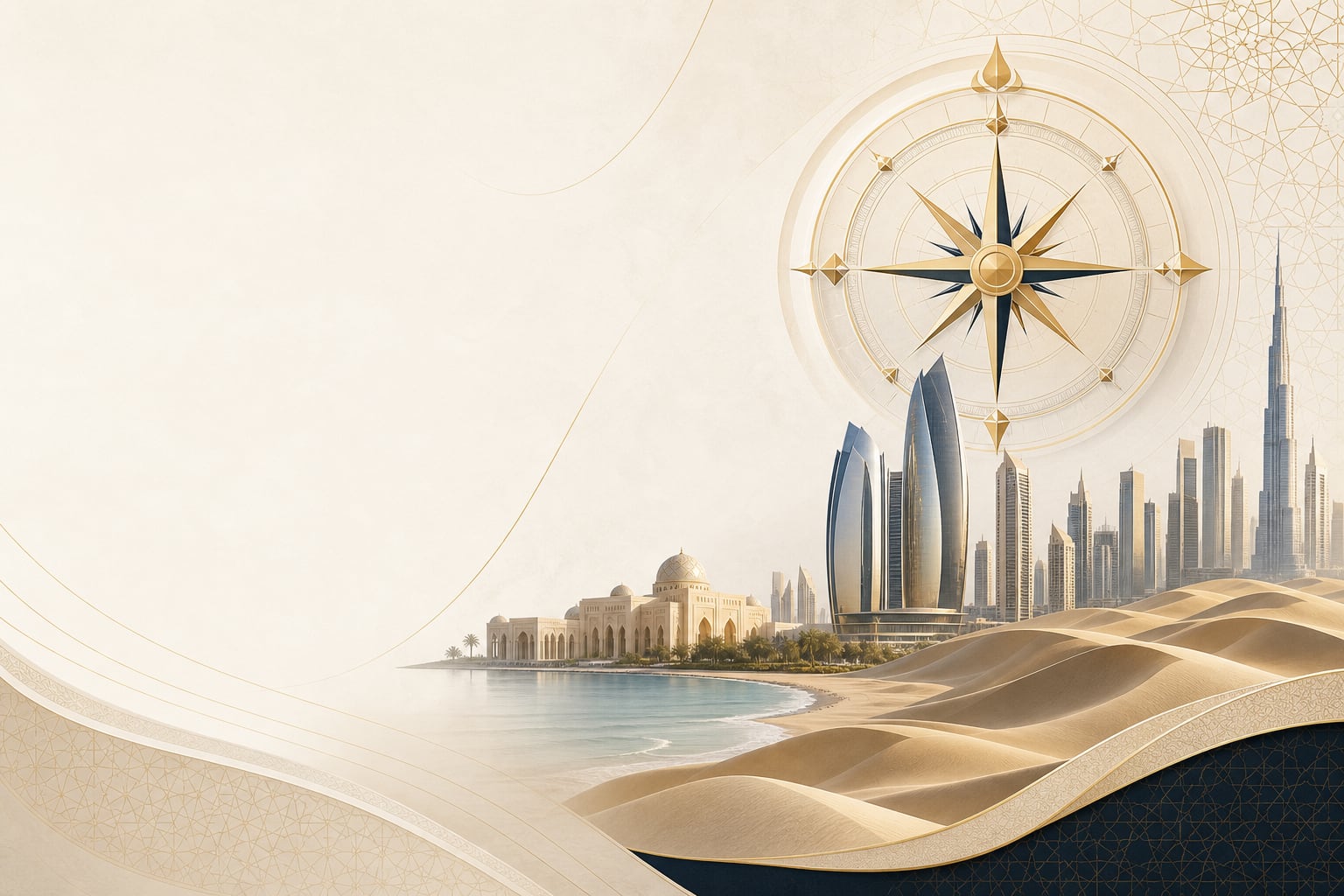 UAE company compass with skyline, coast, and desert imagery